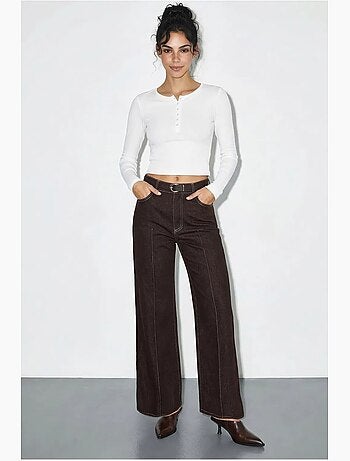 Pantalon en denim taille haute à jambes larges avec ceinture lucci