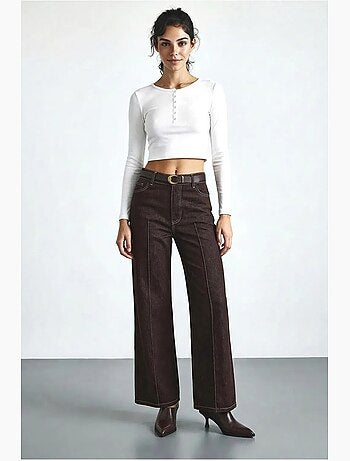 Pantalon en denim taille haute à jambes larges avec ceinture lucci