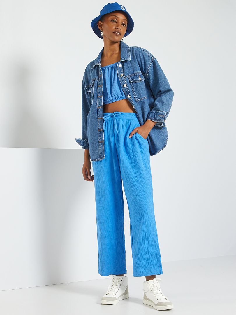 Pantalon en double gaze de coton Bleu - Kiabi