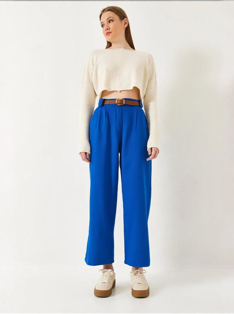Pantalon en gabardine épaisse à ceinture lucci Bleu électrique - Kiabi