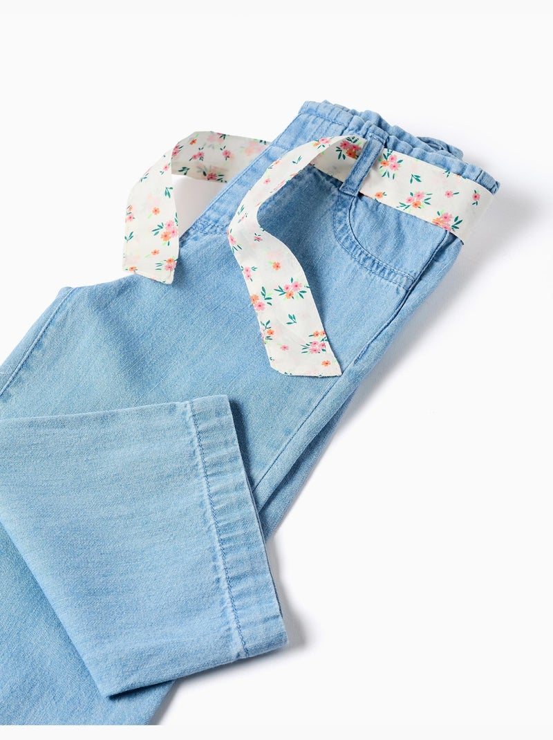 Pantalon en jean à jambe large avec ceinture à motif floral Bleu Bleu - Kiabi