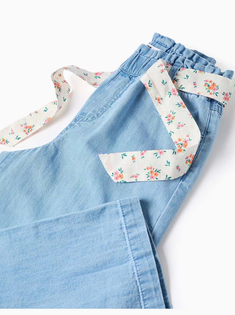 Pantalon en jean à jambe large avec ceinture à motif floral Bleu Bleu - Kiabi