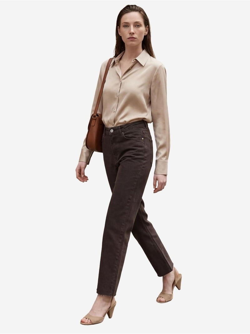 Pantalon en jean droit taille haute longueur cheville avec poches my fashion Marron foncé - Kiabi