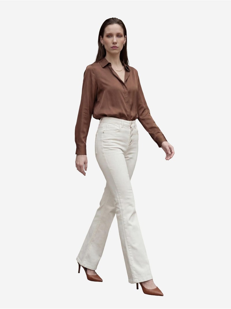 Pantalon en jean taille haute à jambes évasées avec poches my fashion Crème - Kiabi