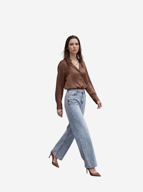 Pantalon en jean taille haute à jambes larges avec poches my fashion - Kiabi Pantalon en jean taille haute à jambes larges avec poches my fashion - Kiabi