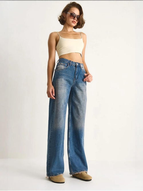 Pantalon en jean taille haute et jambe large lucci - Kiabi Pantalon en jean taille haute et jambe large lucci - Kiabi
