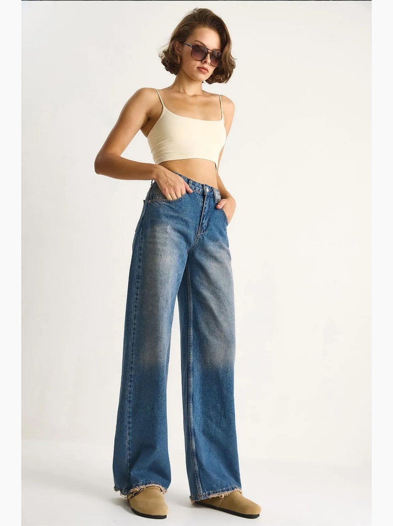 Pantalon en jean taille haute et jambe large lucci Bleu clair - Kiabi
