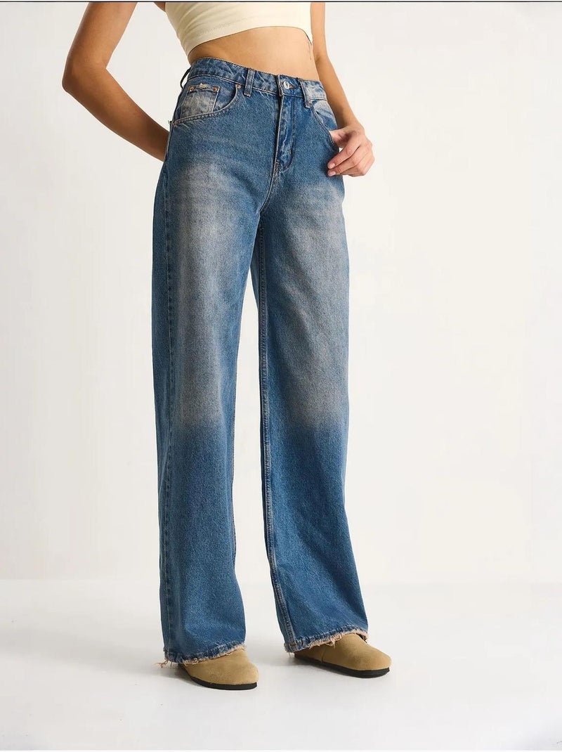 Pantalon en jean taille haute et jambe large lucci Bleu clair - Kiabi