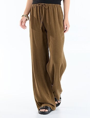 Pantalon large femme en lin à taille élastiquée