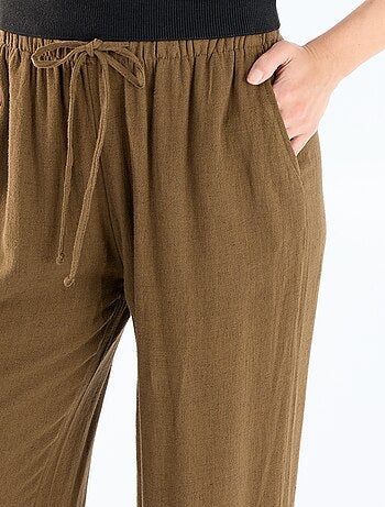 Pantalon large femme en lin à taille élastiquée