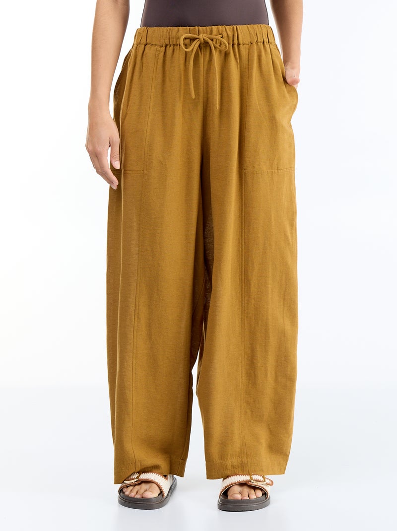 Pantalon en lin femme forme barrel taille haute Marron - Kiabi
