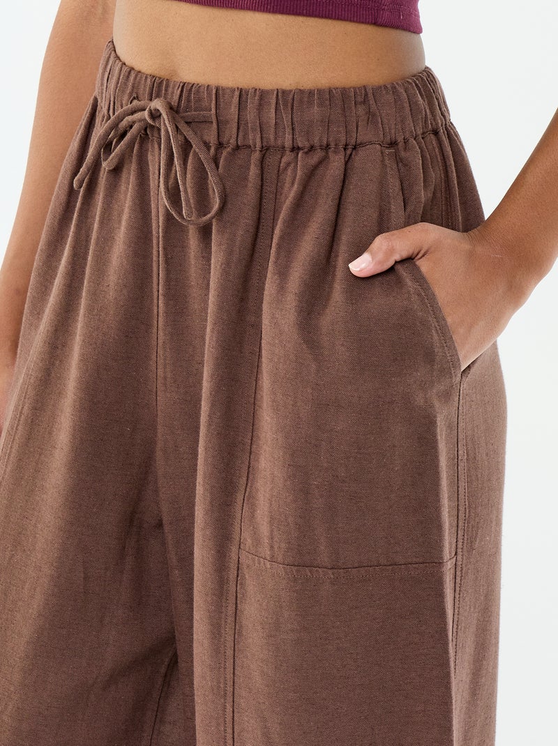 Pantalon en lin femme taille haute forme barrel Marron - Kiabi