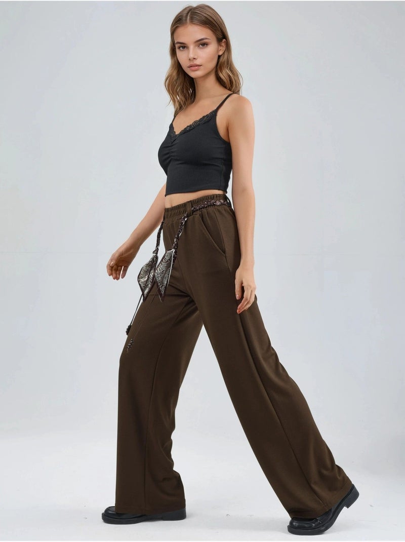 Pantalon en maille taille haute à jambes droites hiccup Marron foncé - Kiabi