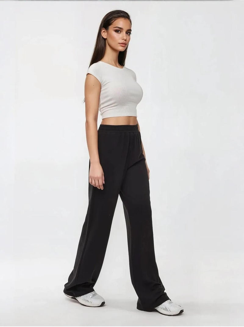Pantalon en tricot à jambes larges avec taille élastique Noir - Kiabi