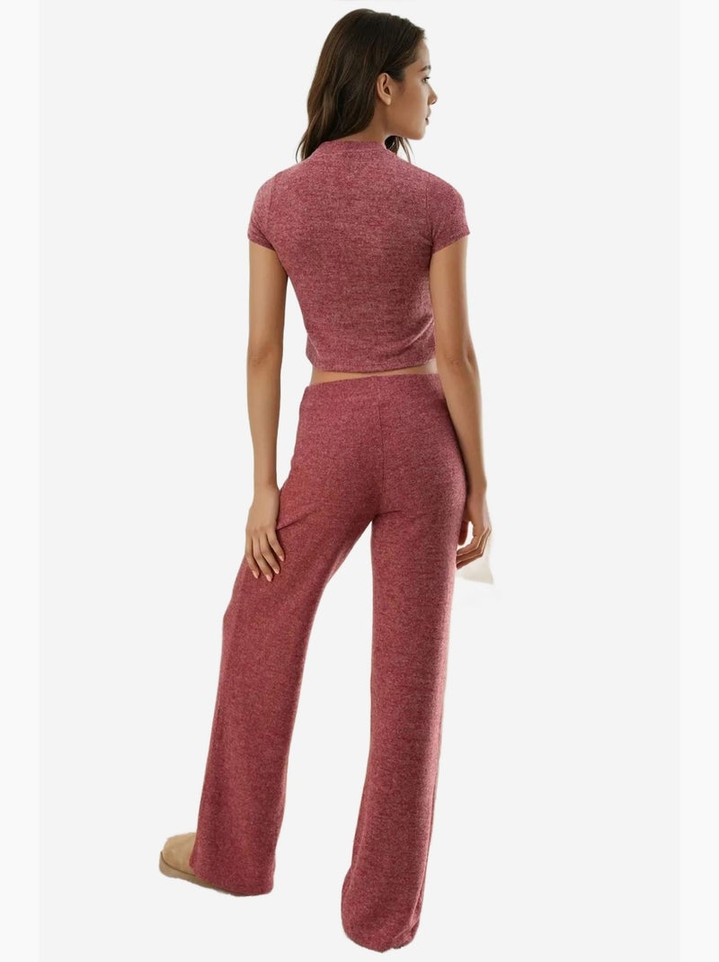 Pantalon en tricot doux et texturé à taille élastique hiccup Rouge bordeaux - Kiabi