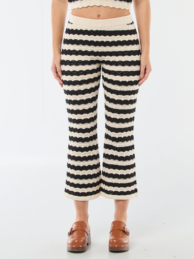 Pantalon en tricot femme à coupe flare et taille élastiquée Beige/noir - Kiabi