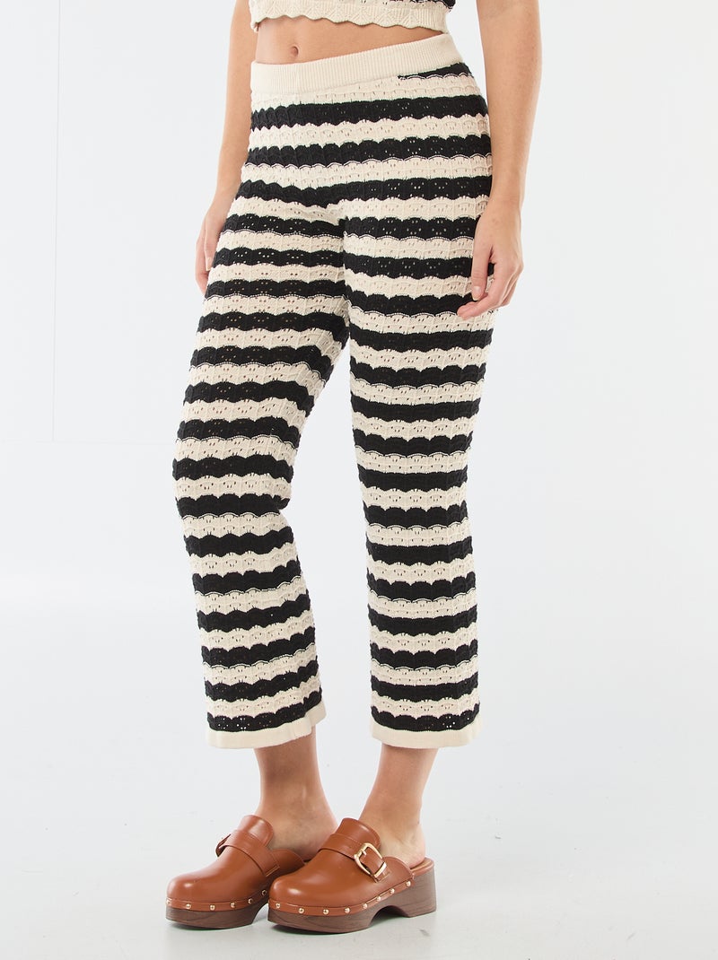 Pantalon en tricot femme à coupe flare et taille élastiquée Beige/noir - Kiabi