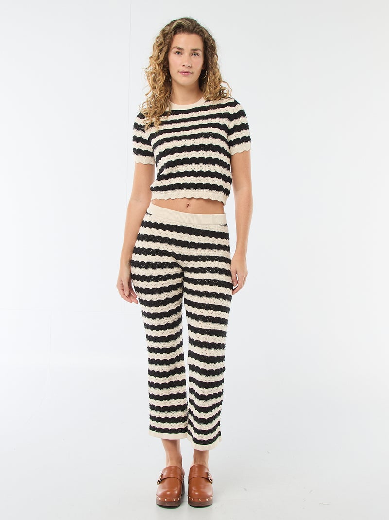 Pantalon en tricot femme à coupe flare et taille élastiquée Beige/noir - Kiabi