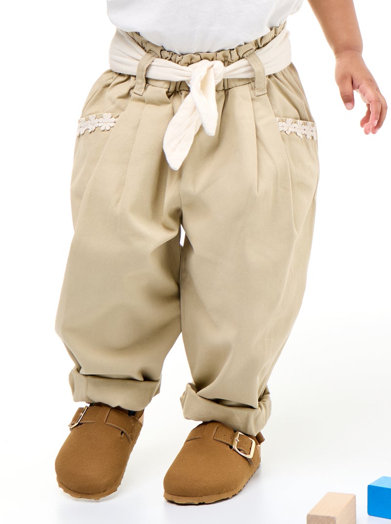 Pantalon en twill + ceinture à nouer Beige - Kiabi