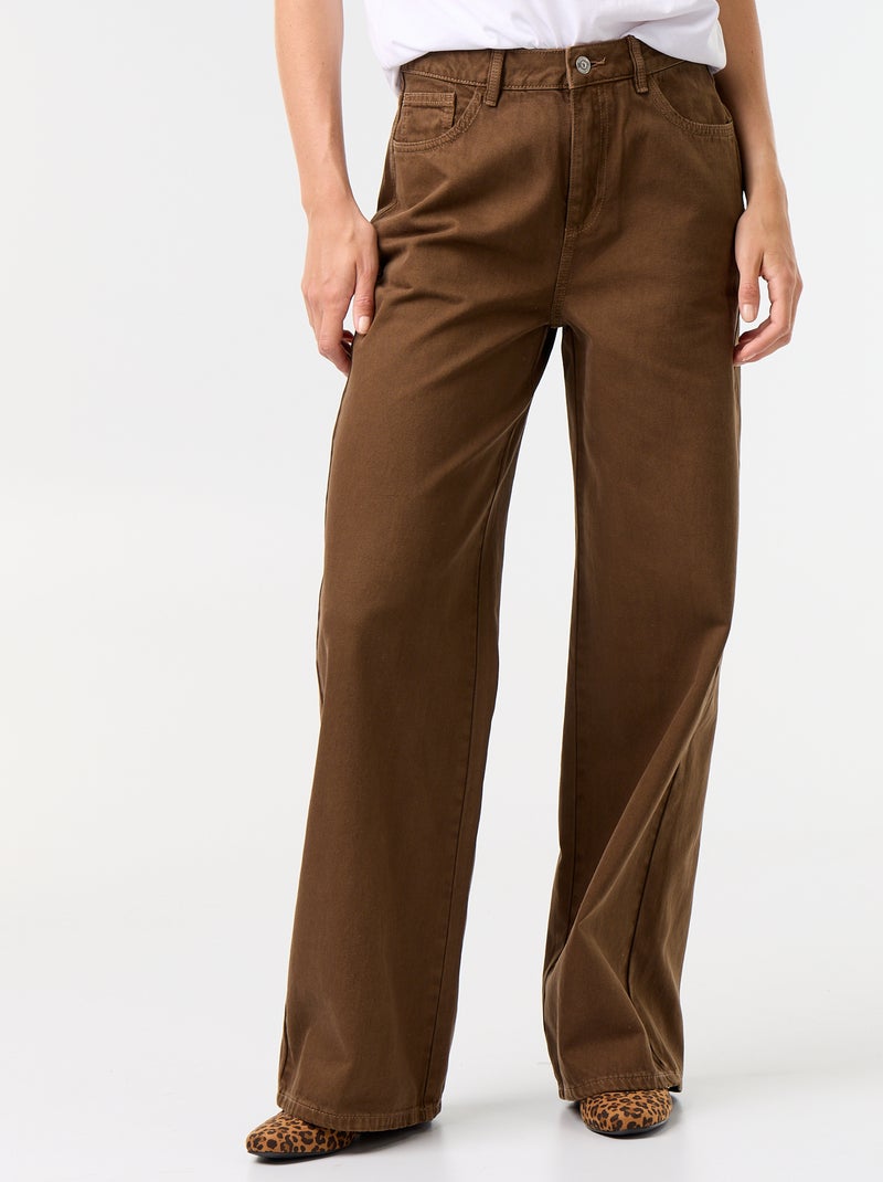 Pantalon en twill taille haute coupe wide leg Marron - Kiabi