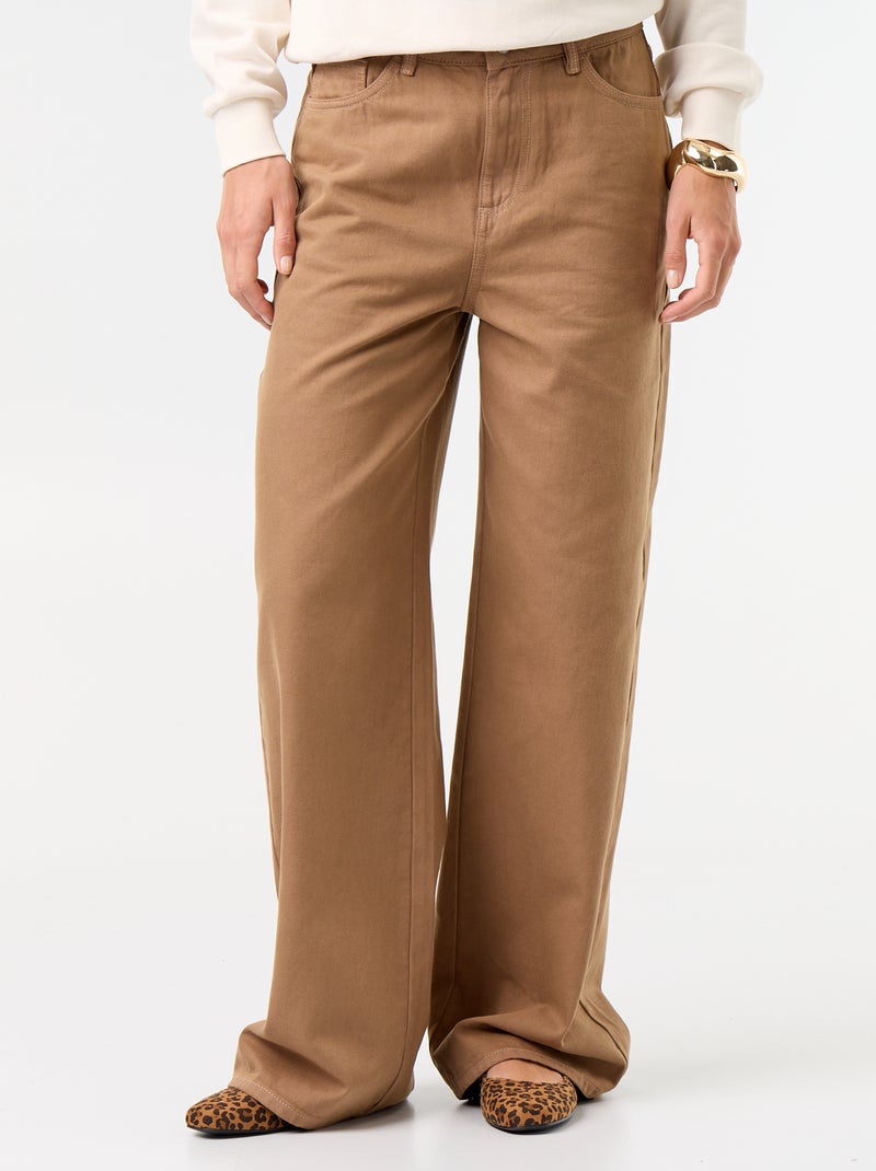 Pantalon en twill taille haute coupe wide leg Marron - Kiabi