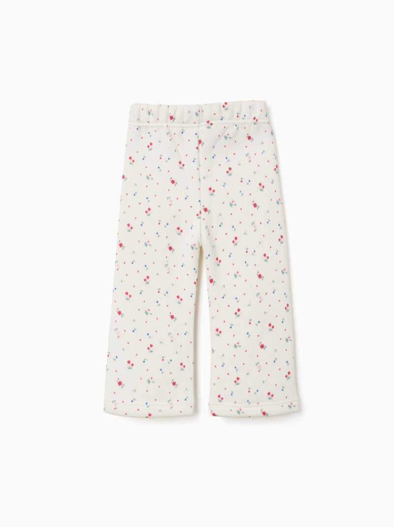 Pantalon évasé en coton peigné avec motif floral Blanc - Kiabi