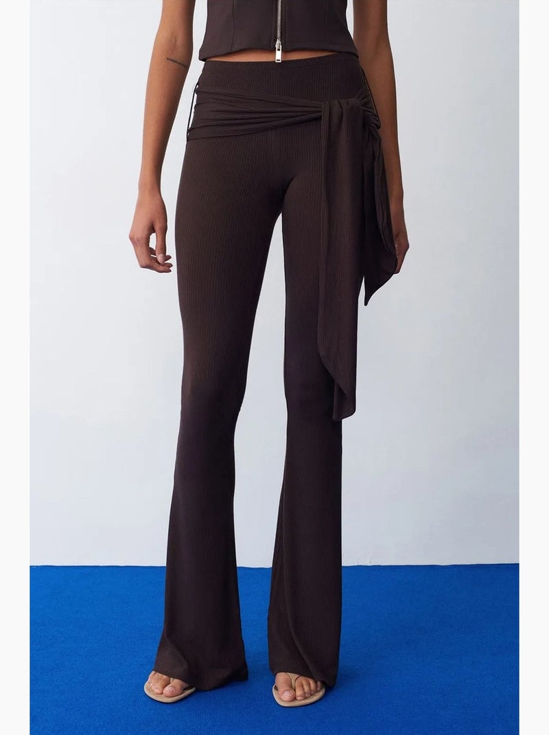 Pantalon évasé en jersey à taille haute et lien dilvin Marron foncé - Kiabi