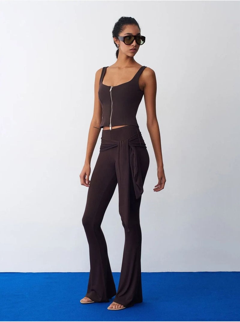 Pantalon évasé en jersey à taille haute et lien dilvin Marron foncé - Kiabi