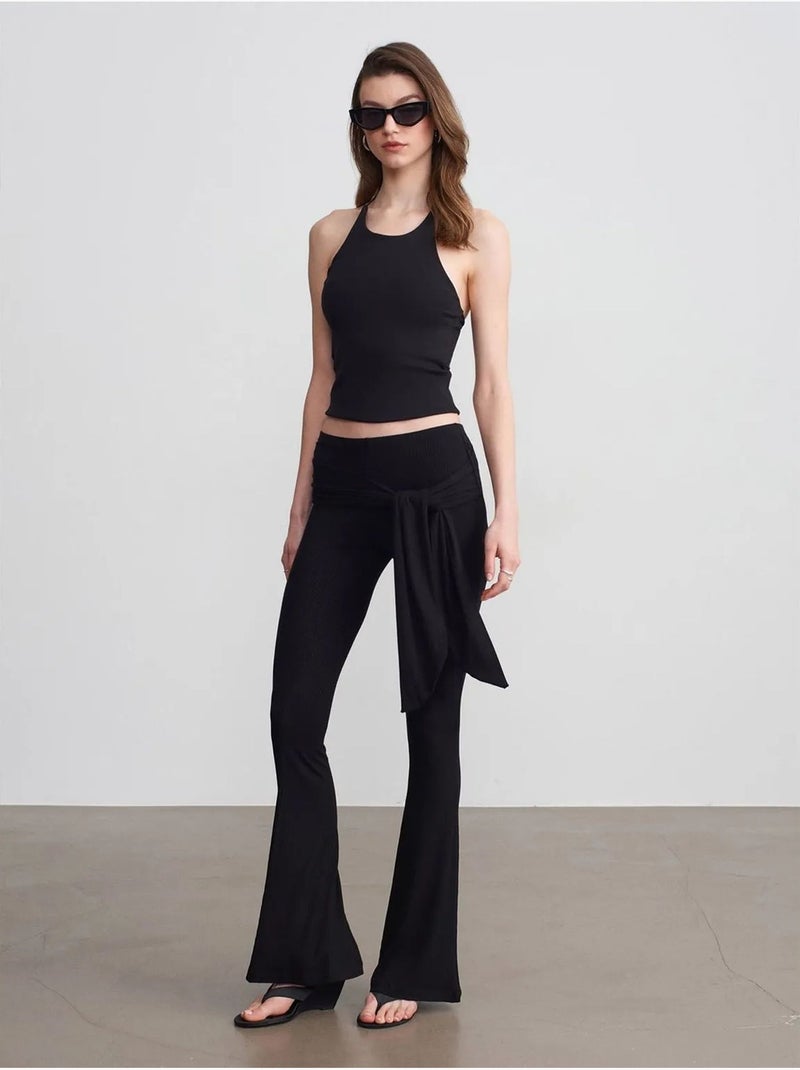 Pantalon évasé en jersey à taille haute et lien dilvin Noir - Kiabi