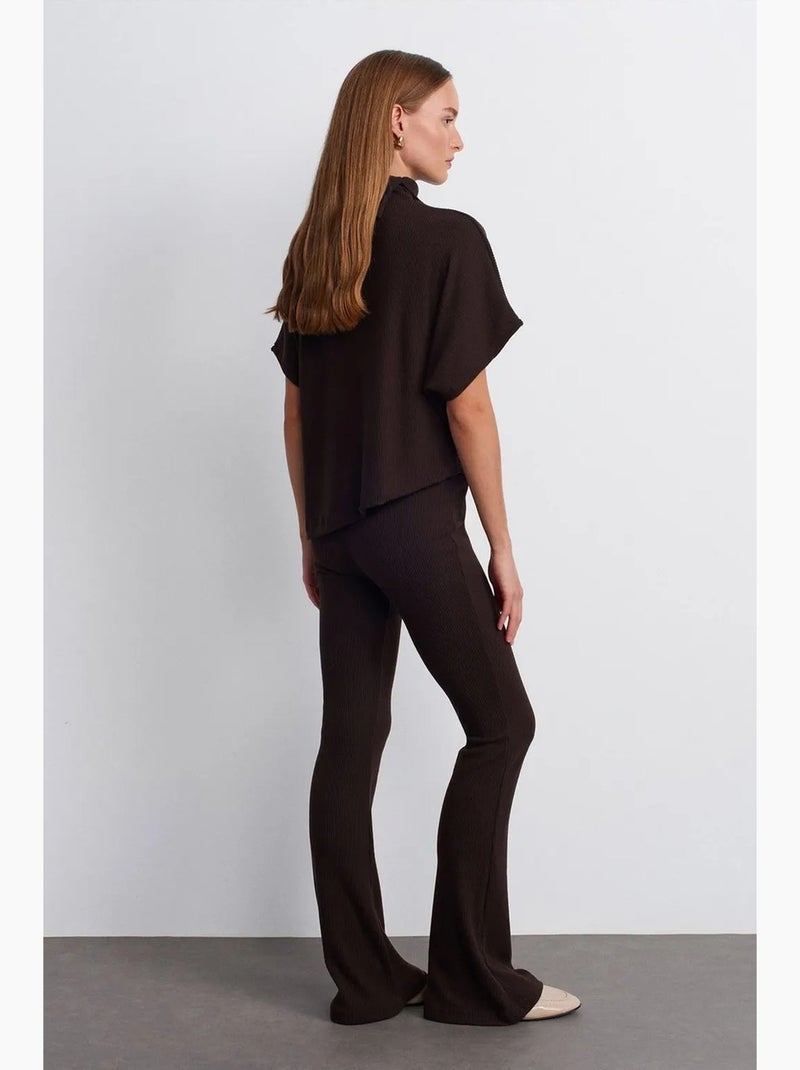 Pantalon évasé en maille, taille haute dilvin Marron chocolat - Kiabi