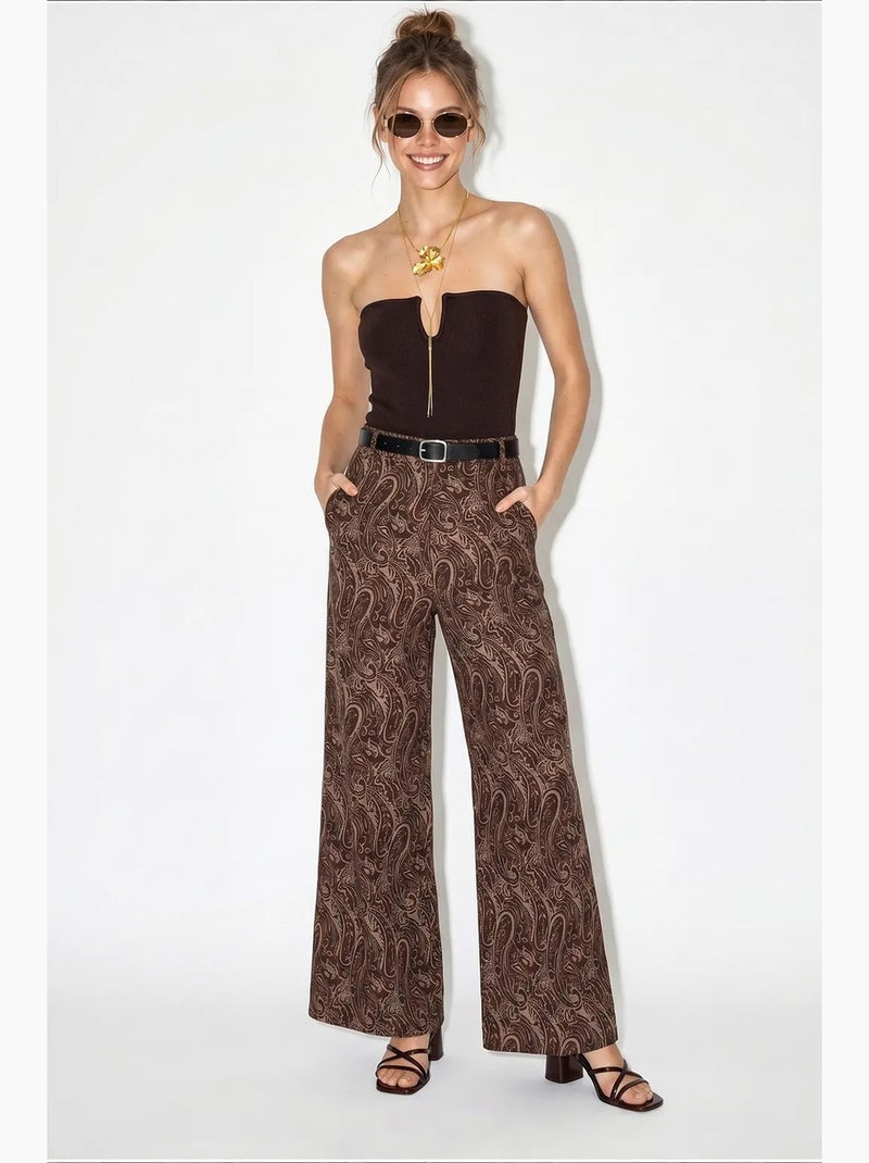 Pantalon femme à ceinture jambe large lucci Marron - Kiabi
