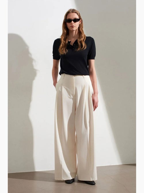 Pantalon femme à taille haute et jambe large en crêpe dilvin - Kiabi Pantalon femme à taille haute et jambe large en crêpe dilvin - Kiabi