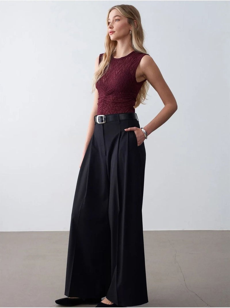 Pantalon femme à taille haute et jambe large en crêpe dilvin Noir - Kiabi