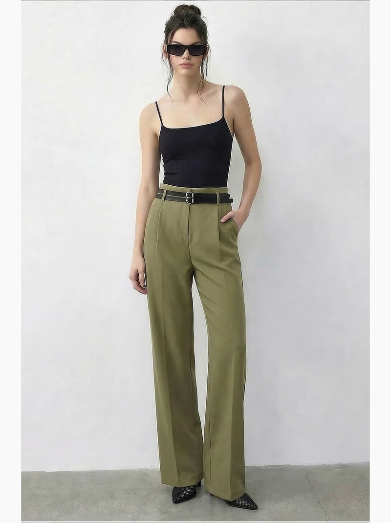 Pantalon femme à taille haute et jambe large lucci Kaki - Kiabi