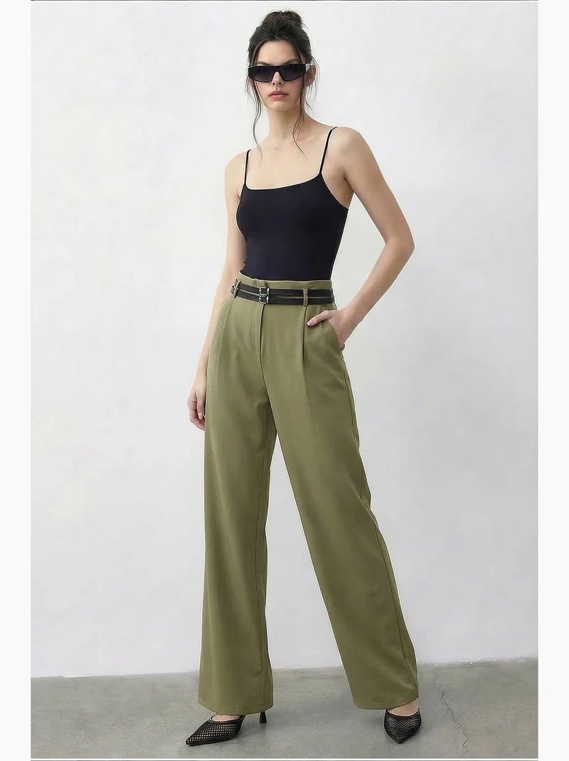 Pantalon femme à taille haute et jambe large lucci Kaki - Kiabi