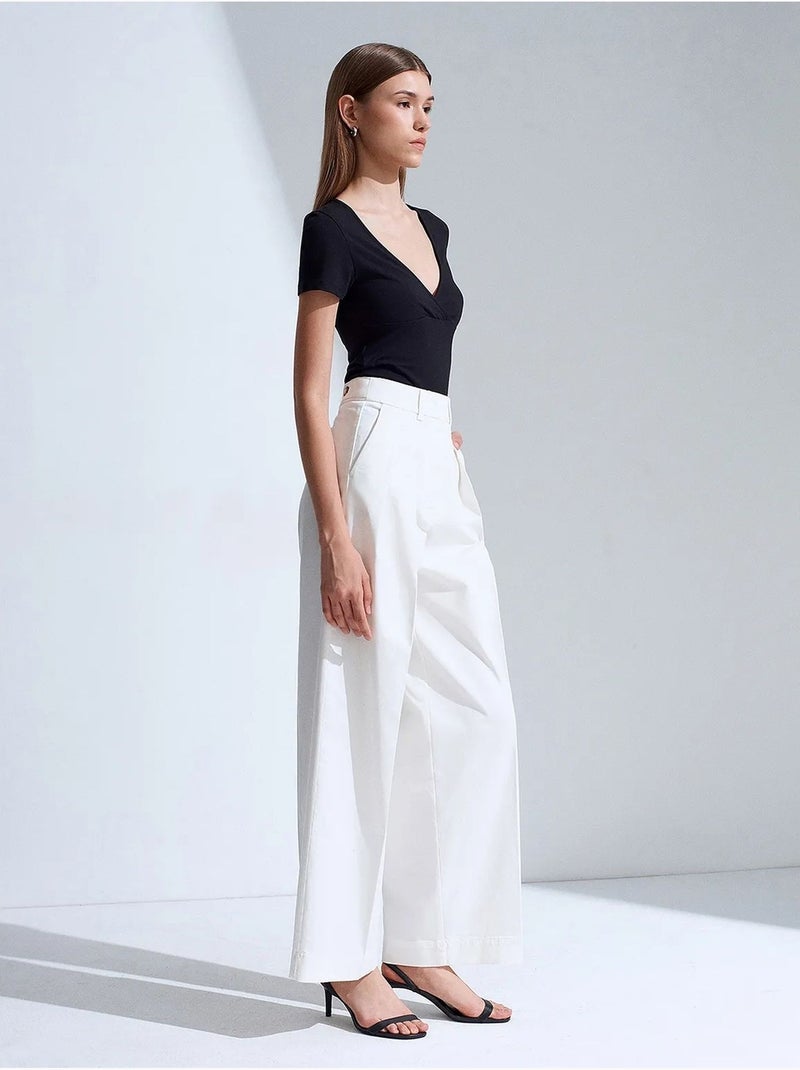 Pantalon femme à taille haute, plis et jambe large dilvin Blanc - Kiabi