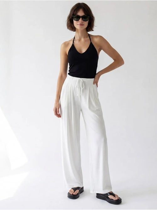 Pantalon femme en jersey à jambe large et taille haute mixray - Kiabi Pantalon femme en jersey à jambe large et taille haute mixray - Kiabi