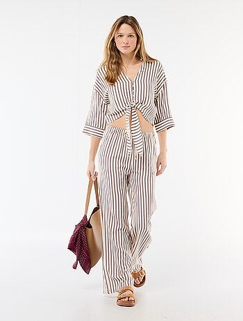 Pantalon large femme en lin à taille élastiquée