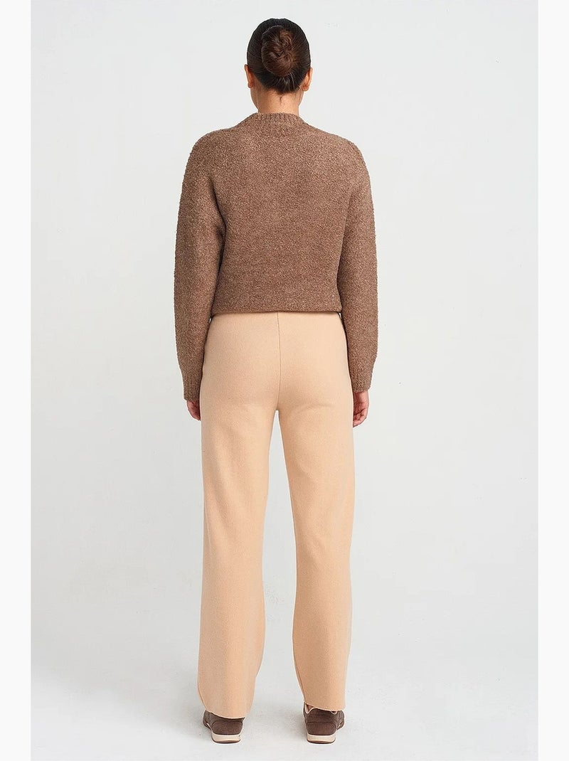 Pantalon femme en maille à taille haute et jambe large dilvin Beige argile - Kiabi