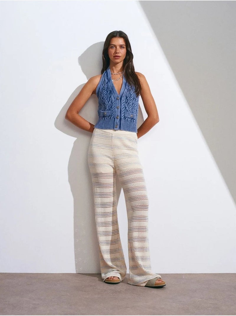 Pantalon femme en maille rayée à taille haute et jambe large dilvin Multicolore - Kiabi