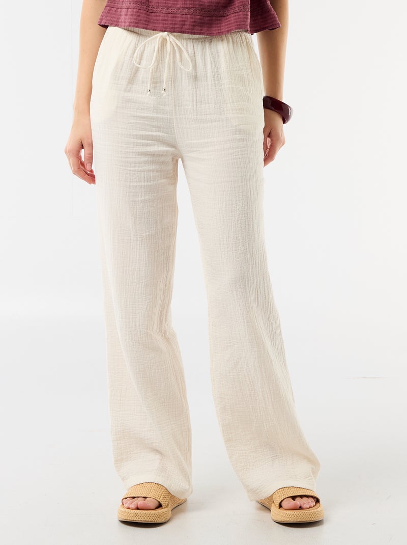 Pantalon femme en toile légère à coupe large et taille haute Blanc - Kiabi