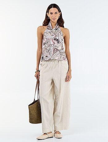 Pantalon femme en toile légère à coupe large et taille haute