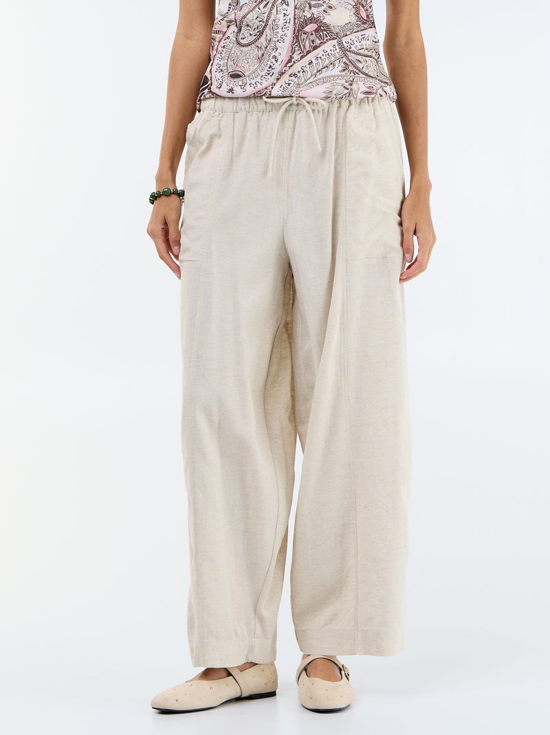 Pantalon femme en toile légère à coupe large et taille haute Blanc - Kiabi