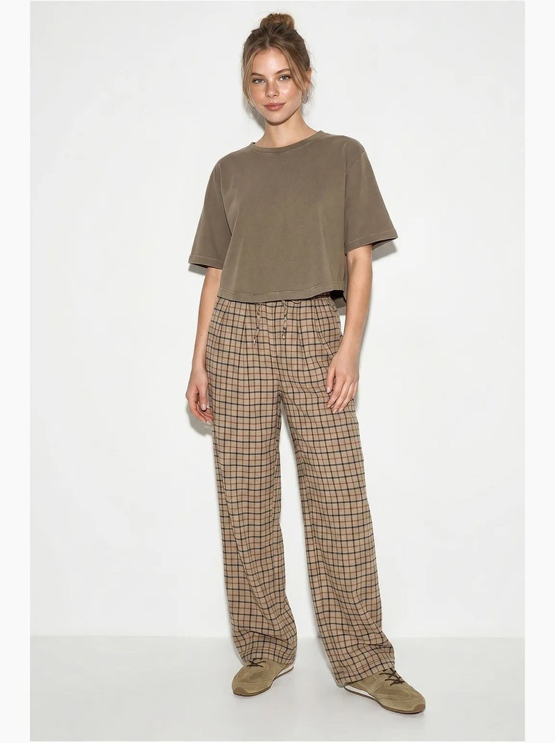 Pantalon femme large à carreaux lucci Camel - Kiabi