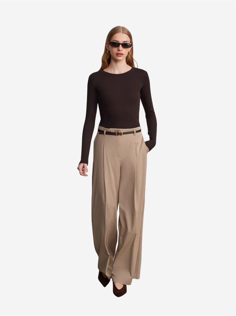Pantalon femme palazzo en crêpe avec ceinture dilvin Beige argile - Kiabi