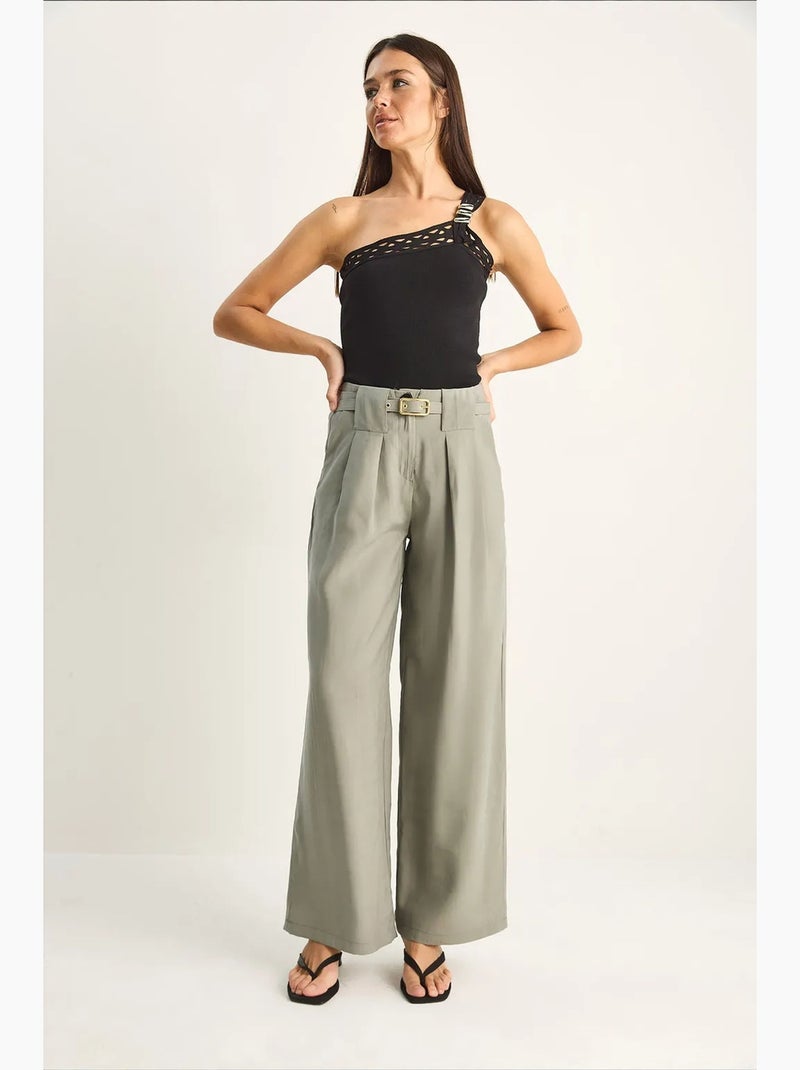Pantalon femme taille haute ceinturé lucci Vert - Kiabi