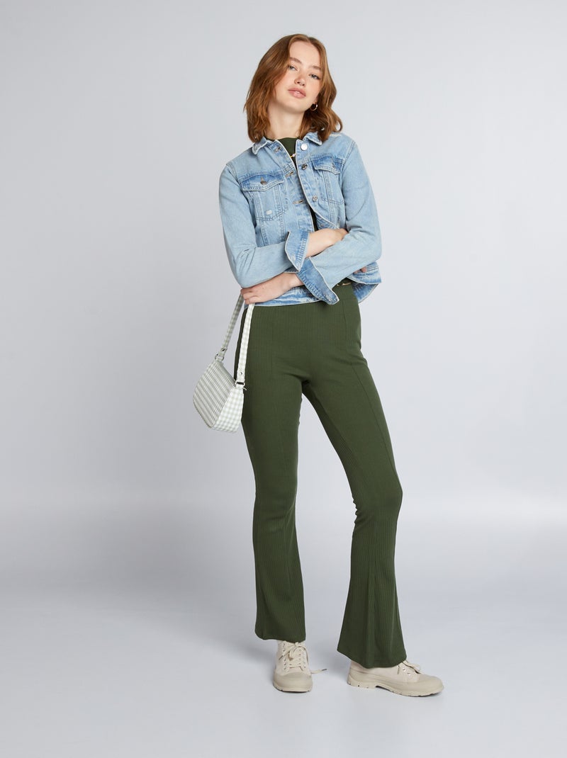 Pantalon flare en maille côtelée Vert Kiabi