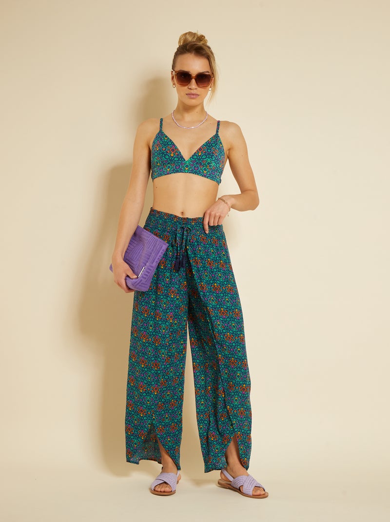 Pantalon fluide ajouré en maille crêpe Vert imprimé - Kiabi