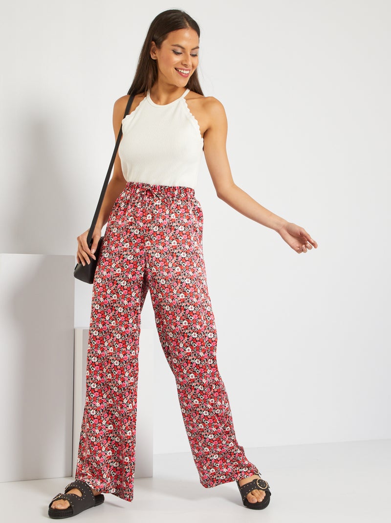Pantalon fluide avec motif fleuri rose - Kiabi