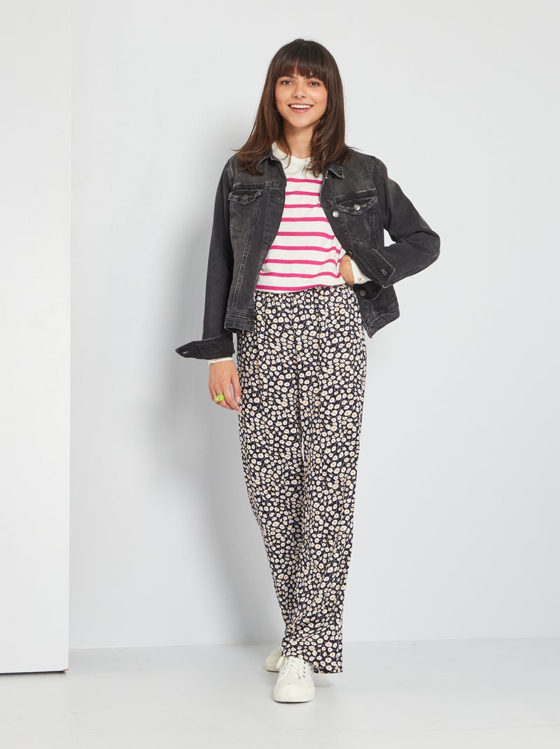 Pantalon fluide imprimé fleuri Bleu marine/jaune - Kiabi